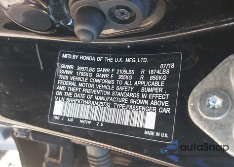 2018 Honda Civic Sport из США, поврежденный, VIN SHHFK7H48JU425732